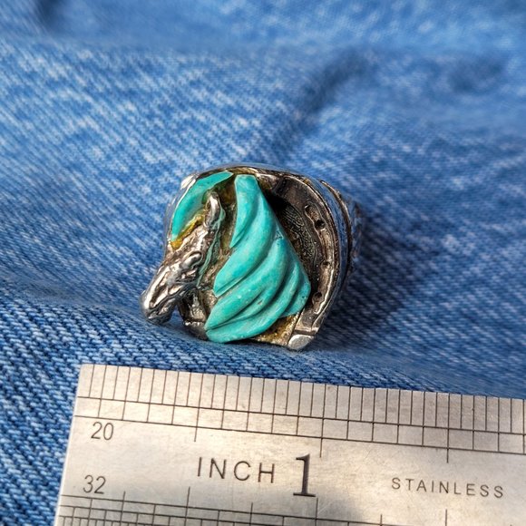 Large Carved Natural Turquoise Horse Head Sterling Silver Ring, Size: 10.5 - Picture 4 of 6